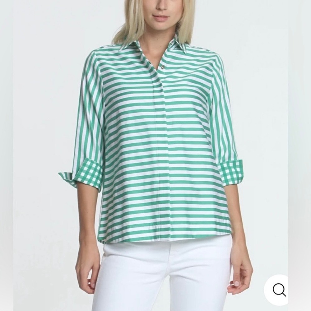 Hinson Wu Spring Green White Xena‎ 3/4 Sleeve Stripe/Gingham Combo Shirt Large